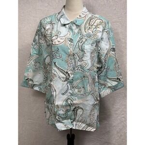 Chico's Size 3 (XL) FreshChic Paisley 100% Linen Button Down 3/4 Sleeve Top Boho